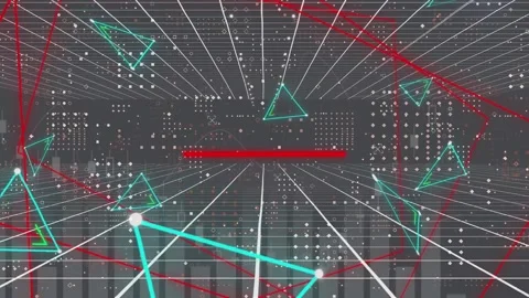 Animation of neon triangular shapes over dots pattern against statistical data Stock Footage 329926097