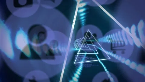 Animation of neon triangular shapes in seamless pattern over digital icons and Stock Footage 229829297