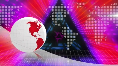 Animation of neon triangular shapes in seamless pattern against spinning globe Stock Footage 242067236