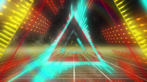 Animation of neon triangular tunnel in seamless pattern over grid network Stock Footage 242020470