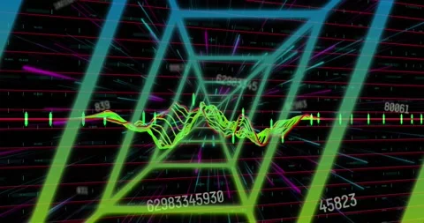 Animation of neon tunnel in seamless pattern against changing numbers and data Stock Footage 327359226
