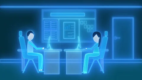 Animation of neon two people working at desks in an office setting Stock Footage 316490246