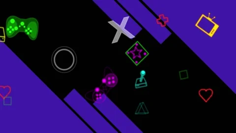 Animation of neon video game controller icons floating over blue stripes on Stock Footage 329697189