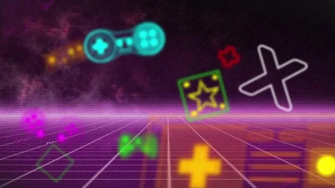 Animation of neon video game controller icons over purple grid network against Stock Footage 330116013