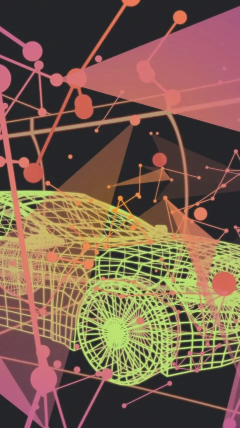 Animation of neon wireframe car with abstract geometric shapes and lines Stock Footage 344370486