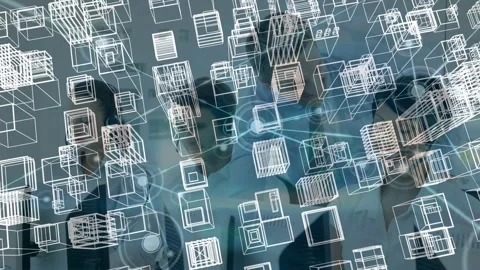 Animation of network and 3d cityscape over business people using phone headsets Stock Footage 330664446