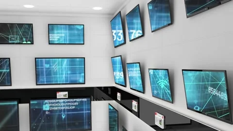 Animation of network and data processing displayed across multiple flat screen Stock Footage 159150529