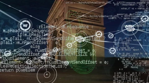 Animation of network and graph icons interconnecting and programming code over Stock Footage 316216916
