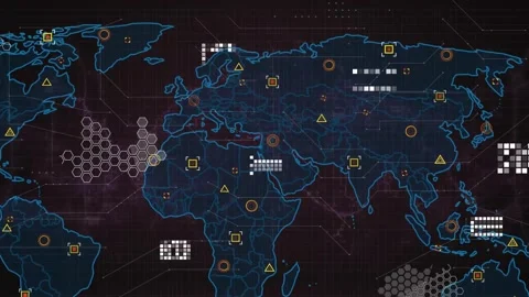 Animation of network and processing data over blue world map on black background Stock Footage 329854721