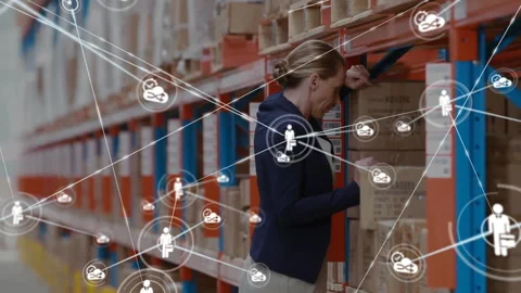 Animation of network of business and cloud icons over sad female manager at Stock Footage 264865972