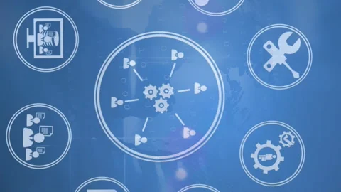 Animation of network of business and work icons and cogs on blue background Stock Footage 312363024