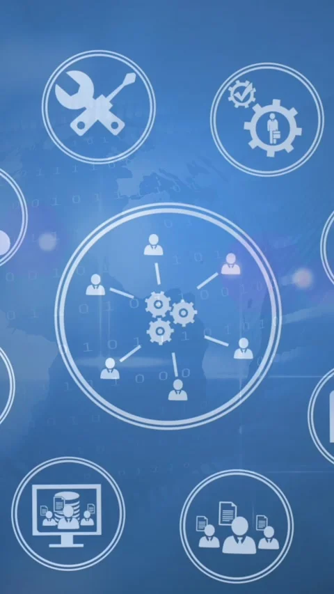 Animation of network of business and work icons and cogs on blue background Stock-Footage 331649607