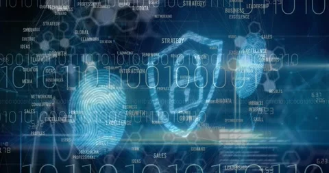 Animation of network of business concept texts, binary coding and security Stock Footage 329509501