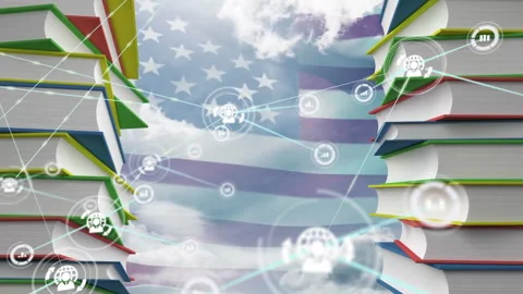 Animation of network of communication and data icons over stacks of books, flag Stock Footage 266193448
