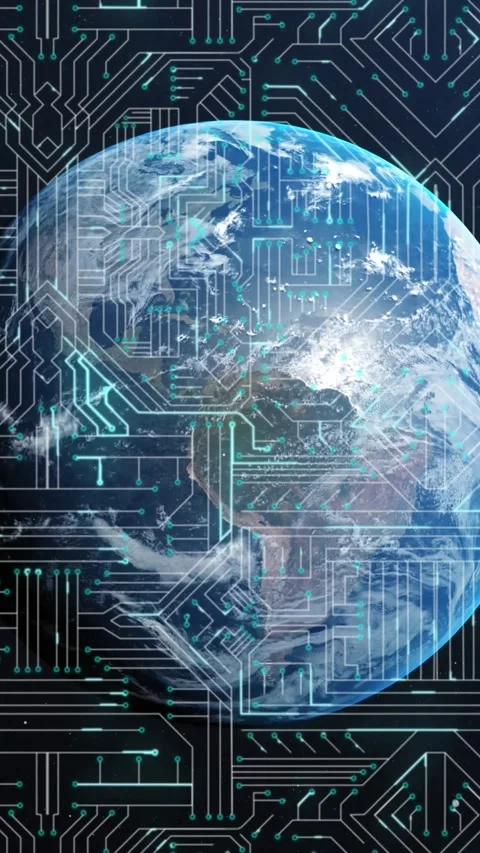 Animation of network of computer circuit board with light trails flowing over Stock Footage 331646342