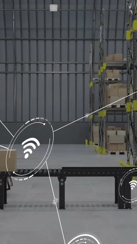 Animation of network of conncetions with icons over boxes on conveyor belt in Stock Footage 323784044