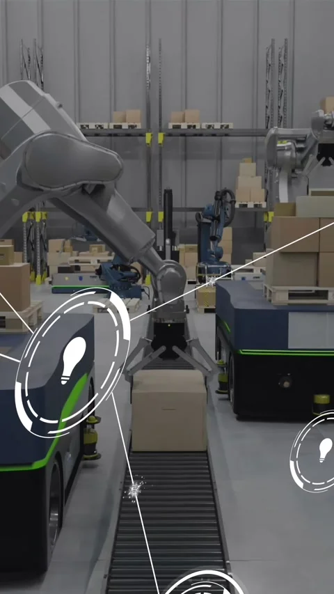 Animation of network of conncetions with icons over boxes on conveyor belt in Stock Footage 323784053