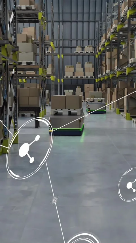 Animation of network of conncetions with icons over warehouse Stock Footage 343609428