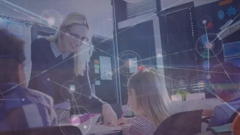 Animation of network connecting dots, caucasian trainer teaching students in Stock Footage 329030745