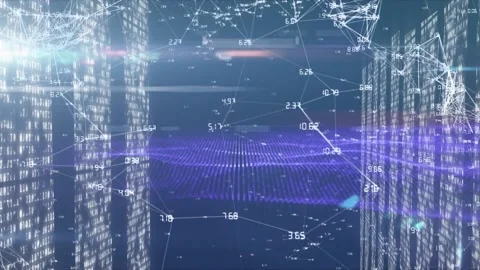 Animation of network connecting dots with financial data, wireframe pattern on Stock Footage 202900067