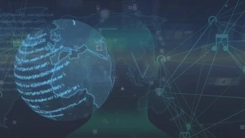 Animation of network connecting dots, globe with coding data processing on Stock Footage 328651386