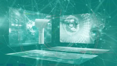 Animation of network of connection and data processing over screens Stock Footage 330248239