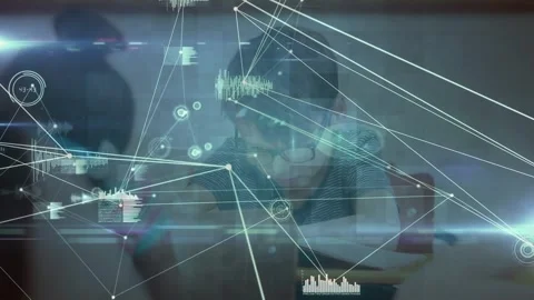 Animation of network of connection with data processing over caucasian schoolboy Stockbeeldmateriaal 326033329