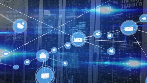 Animation of network of connection with email icons over computer servers Stock Footage 328587751