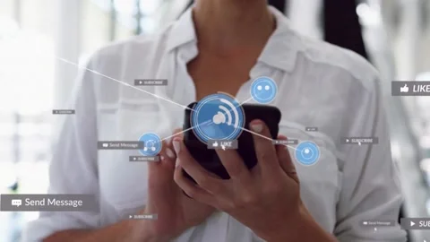 Animation of network of connection with icons over woman using smartphone Stock Footage 162957590