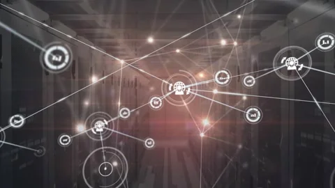 Animation of network of connection with icons over computer servers Stock Footage 329165719