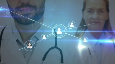 Animation of network of connection over business people using phone headsets Stock Footage 328256564