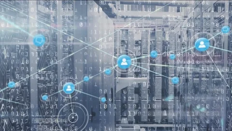 Animation of network of connection with people icons and binary coding over Stock Footage 327354858