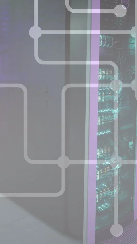 Animation of network of connections against computer server room 库存影片 343887639