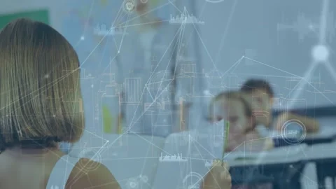 Animation of network of connections against rear view of caucasian girl reading Stock Footage 330590894