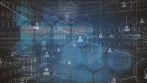 Animation of network of connections and binary code over navy background Stock Footage 328302788