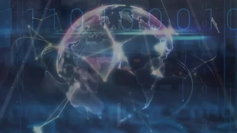 Animation of network of connections and binary coding over fast traffic and Stock Footage 328709112