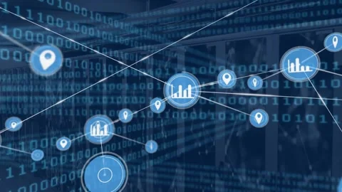 Animation of network of connections and binary coding over computer servers Video stock 330407767
