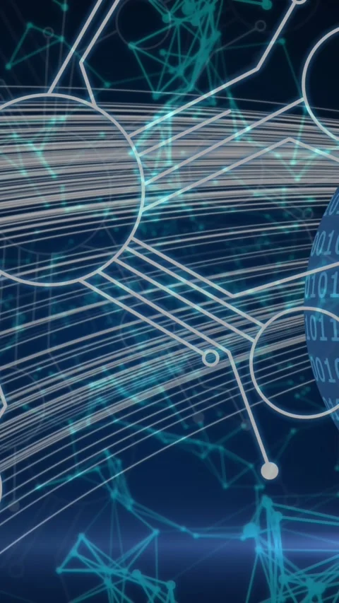 Animation of network of connections and binary coding processing on globe Stock Footage 331643292