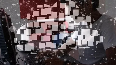 Animation of network of connections and cloud icon over boy using computer Stock Footage 329367469