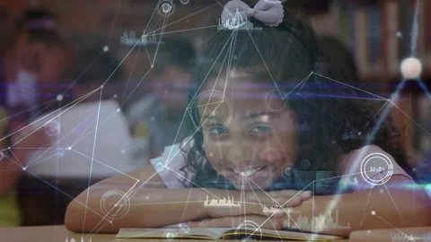 Animation of network of connections and data processing over girl smiling at Stock Footage 326033528