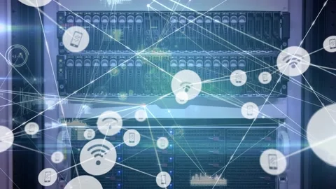 Animation of network of connections and data processing over computer server Video stock 326885613