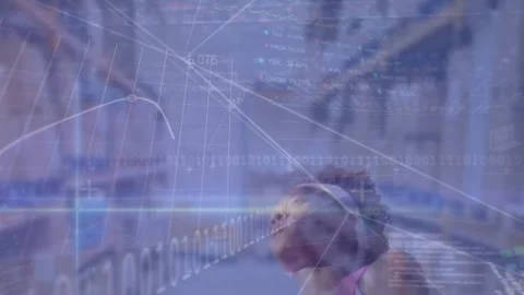 Animation of network of connections and data processing over fit woman Stock Footage 327195481