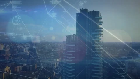 Animation of network of connections and data processing against aerial view of Stockbeeldmateriaal 328974639