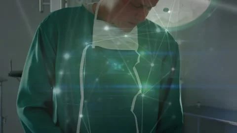 Animation of network of connections and data over hands in protective gloves Stock Footage 329295343