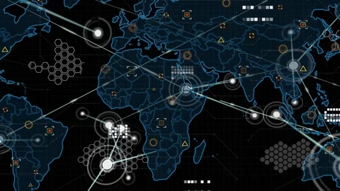 Animation of network of connections and data processing over world map Stock Footage 329976747