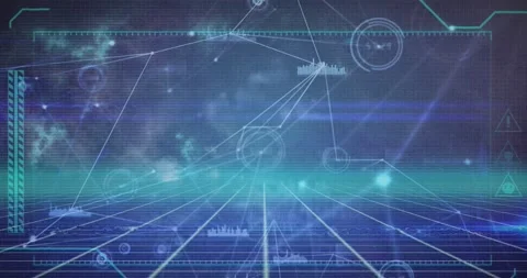 Animation of network of connections and data processing over grid network on Stock Footage 330115878