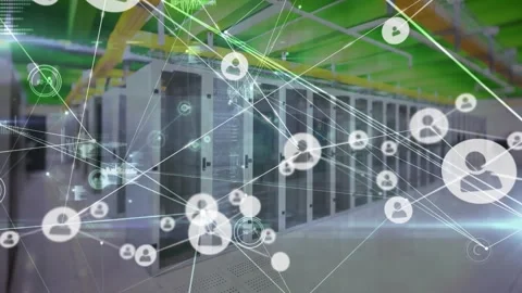 Animation of network of connections and data processing over server room Stockbeeldmateriaal 330175185