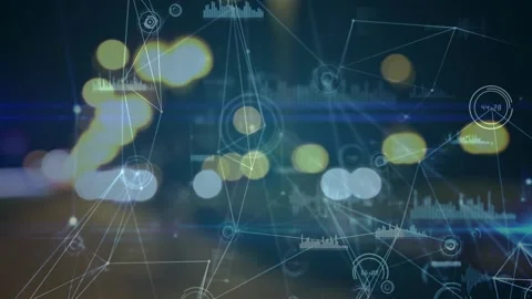 Animation of network of connections and data processing on bokeh lights and city Stock Footage 330296508