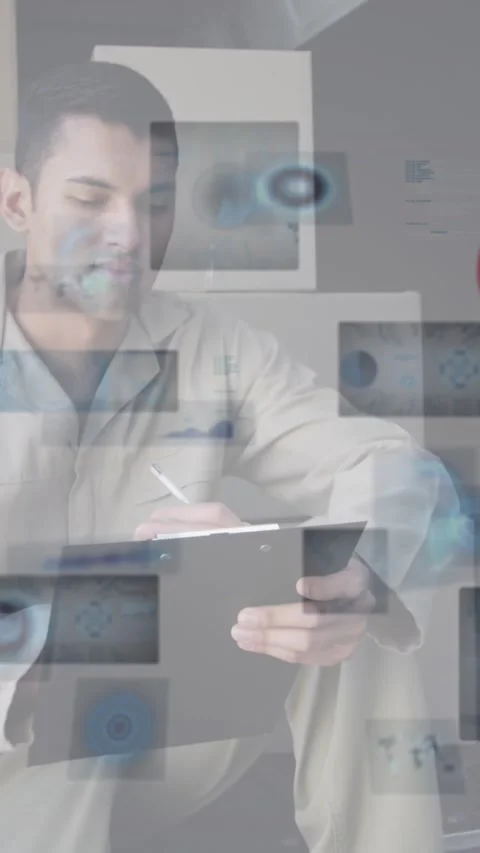 Animation of network of connections and data processing over male worker in Stock Footage 344774520