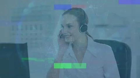 Animation of network of connections and glitch over businesswoman using phone Stock Footage 327592595